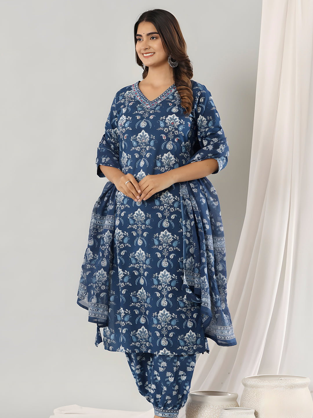 Printed Cotton Straight Kurta With Pant & Dupatta, Blue - Hiral Fashion - Distacart