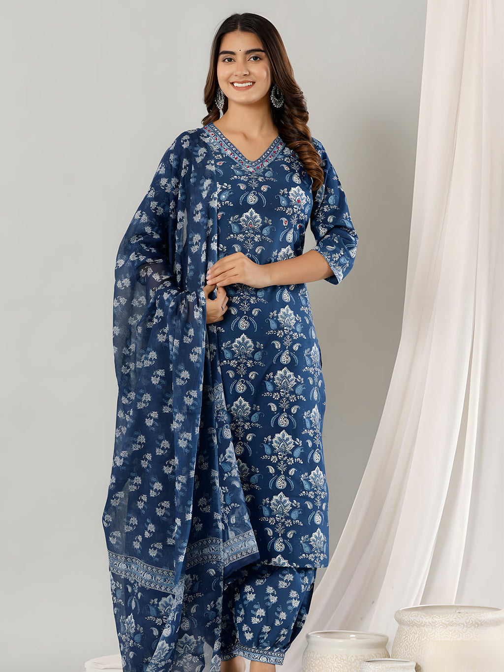 Printed Cotton Straight Kurta With Pant & Dupatta, Blue - Hiral Fashion - Distacart