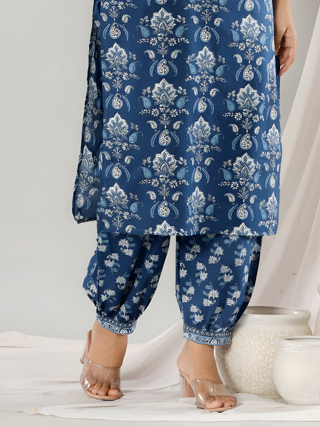 Printed Cotton Straight Kurta With Pant & Dupatta, Blue - Hiral Fashion - Distacart