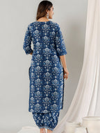 Printed Cotton Straight Kurta With Pant & Dupatta, Blue - Hiral Fashion - Distacart