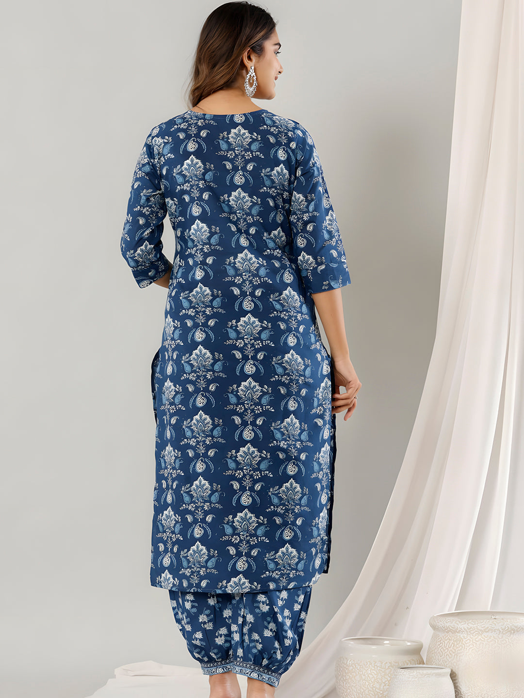 Printed Cotton Straight Kurta With Pant & Dupatta, Blue - Hiral Fashion - Distacart