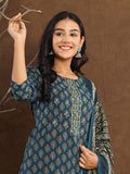 Printed Cotton Straight Kurta With Pant & Dupatta, Blue - Hiral Fashion - Distacart