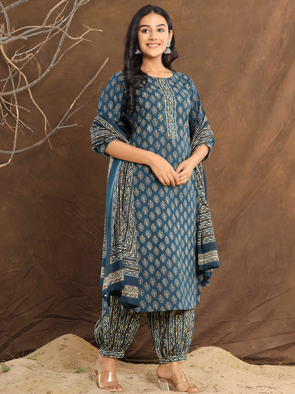 Printed Cotton Straight Kurta With Pant & Dupatta, Blue - Hiral Fashion - Distacart