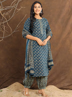 Printed Cotton Straight Kurta With Pant & Dupatta, Blue - Hiral Fashion - Distacart