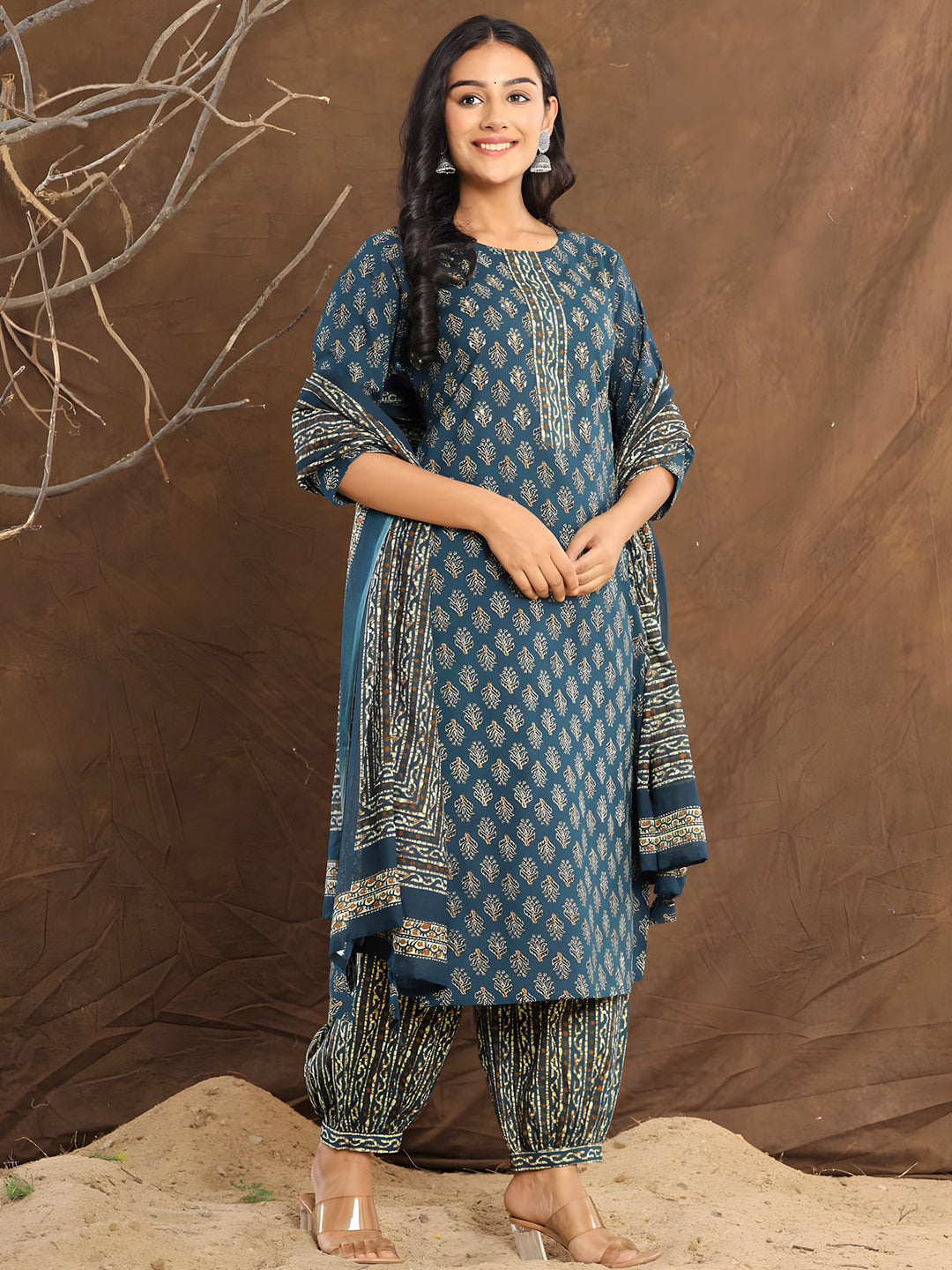 Printed Cotton Straight Kurta With Pant & Dupatta, Blue - Hiral Fashion - Distacart