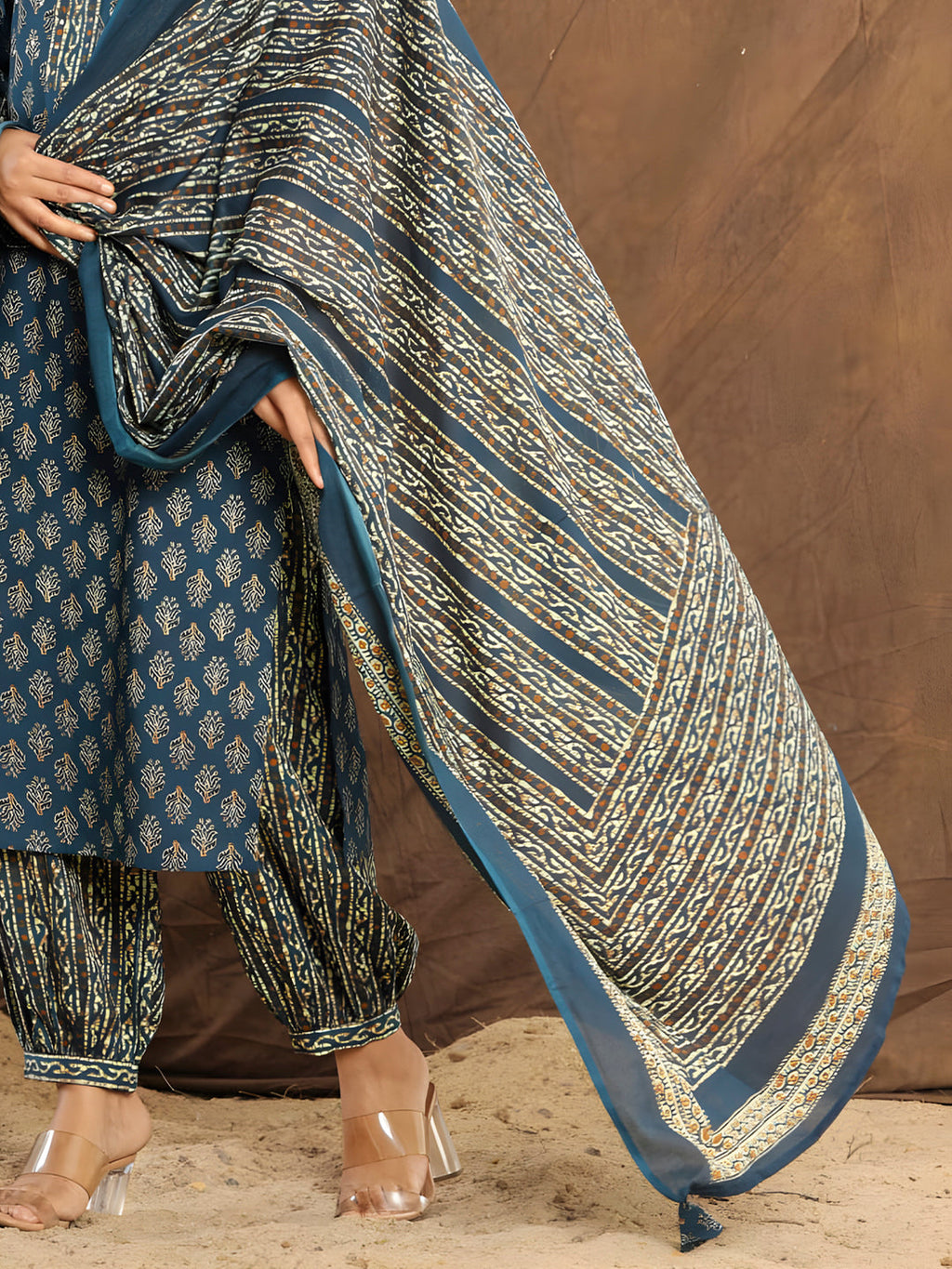 Printed Cotton Straight Kurta With Pant & Dupatta, Blue - Hiral Fashion - Distacart