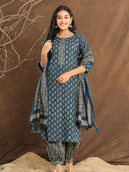Printed Cotton Straight Kurta With Pant & Dupatta, Blue - Hiral Fashion - Distacart