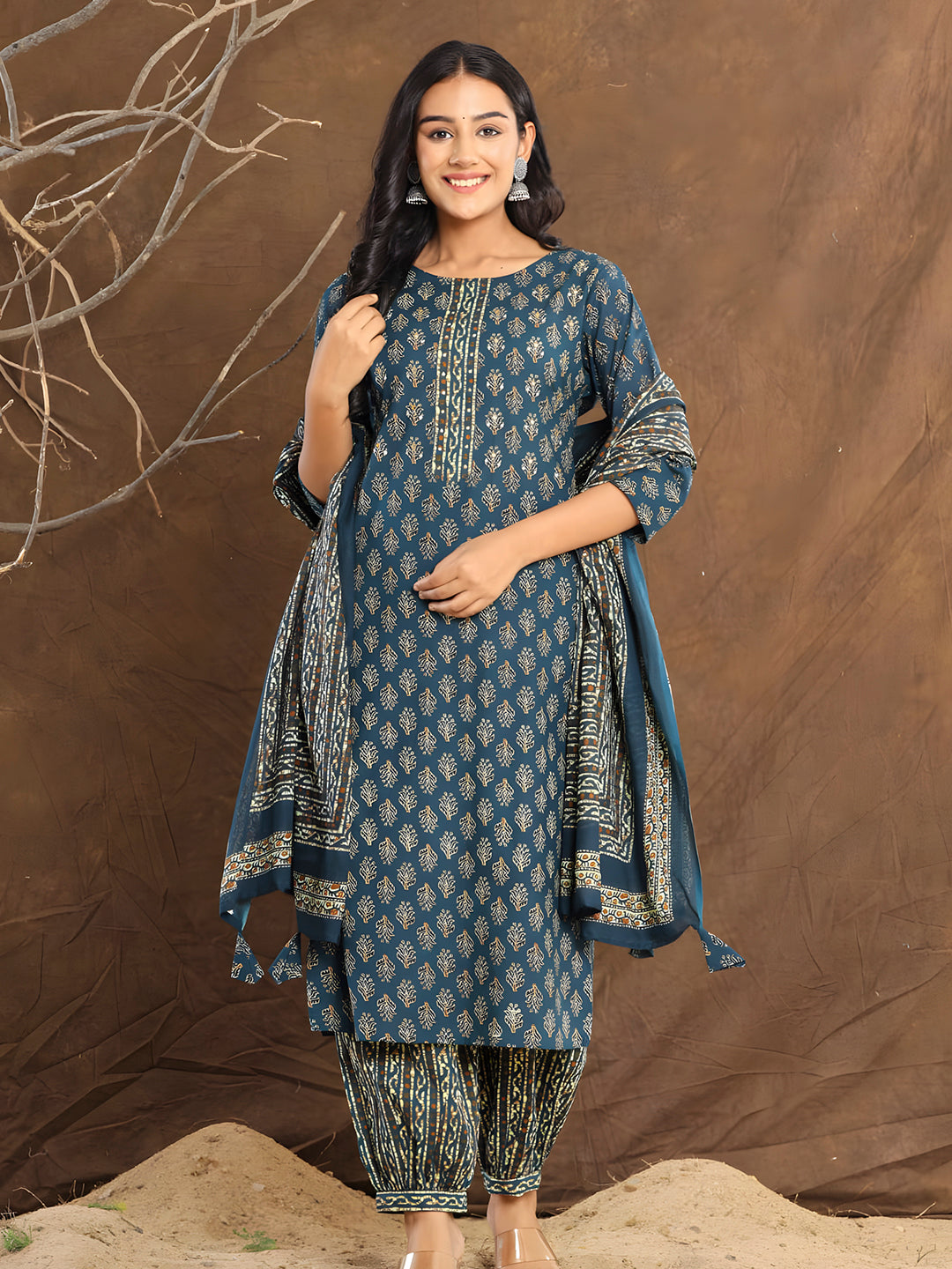 Printed Cotton Straight Kurta With Pant & Dupatta, Blue - Hiral Fashion - Distacart