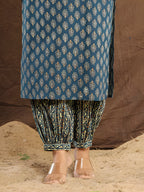Printed Cotton Straight Kurta With Pant & Dupatta, Blue - Hiral Fashion - Distacart