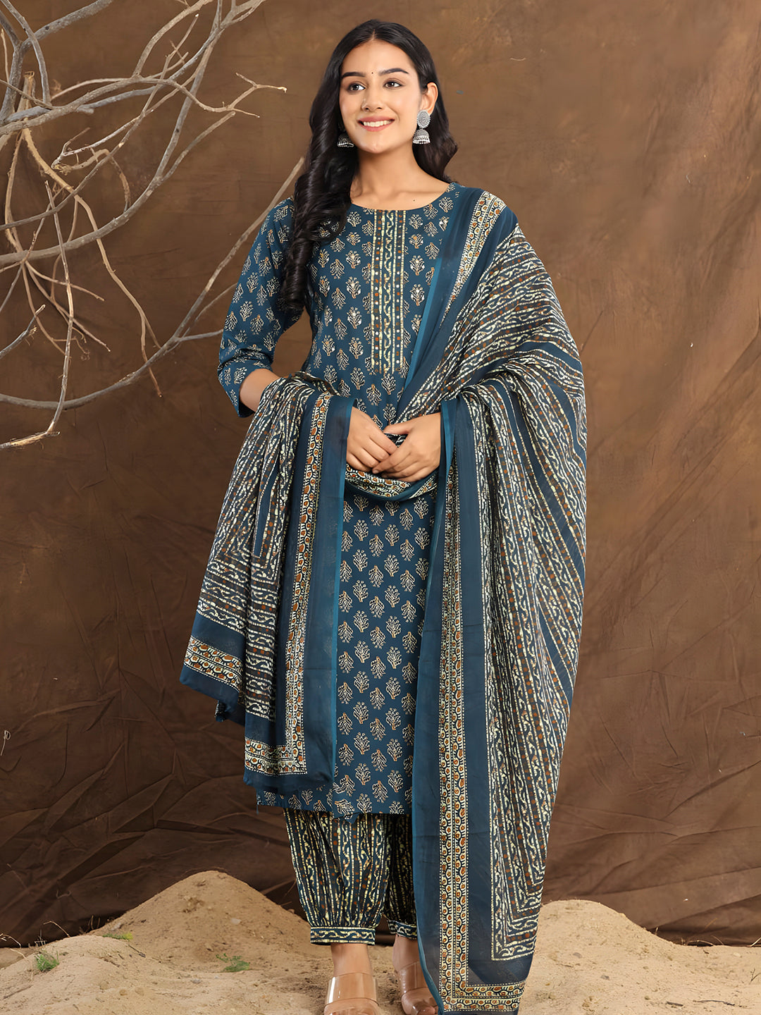 Printed Cotton Straight Kurta With Pant & Dupatta, Blue - Hiral Fashion - Distacart