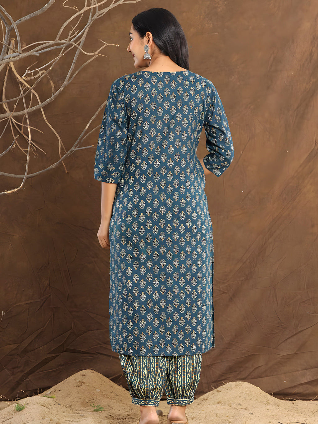 Printed Cotton Straight Kurta With Pant & Dupatta, Blue - Hiral Fashion - Distacart