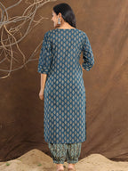 Printed Cotton Straight Kurta With Pant & Dupatta, Blue - Hiral Fashion - Distacart