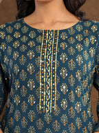 Printed Cotton Straight Kurta With Pant & Dupatta, Blue - Hiral Fashion - Distacart