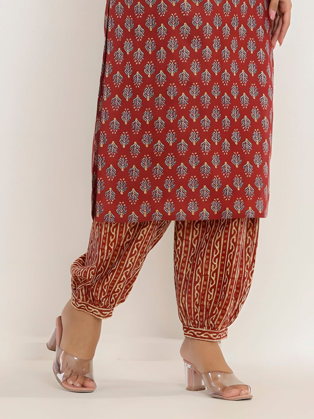Printed Cotton Straight Kurta With Pant & Dupatta, Rust - Hiral Fashion - Distacart