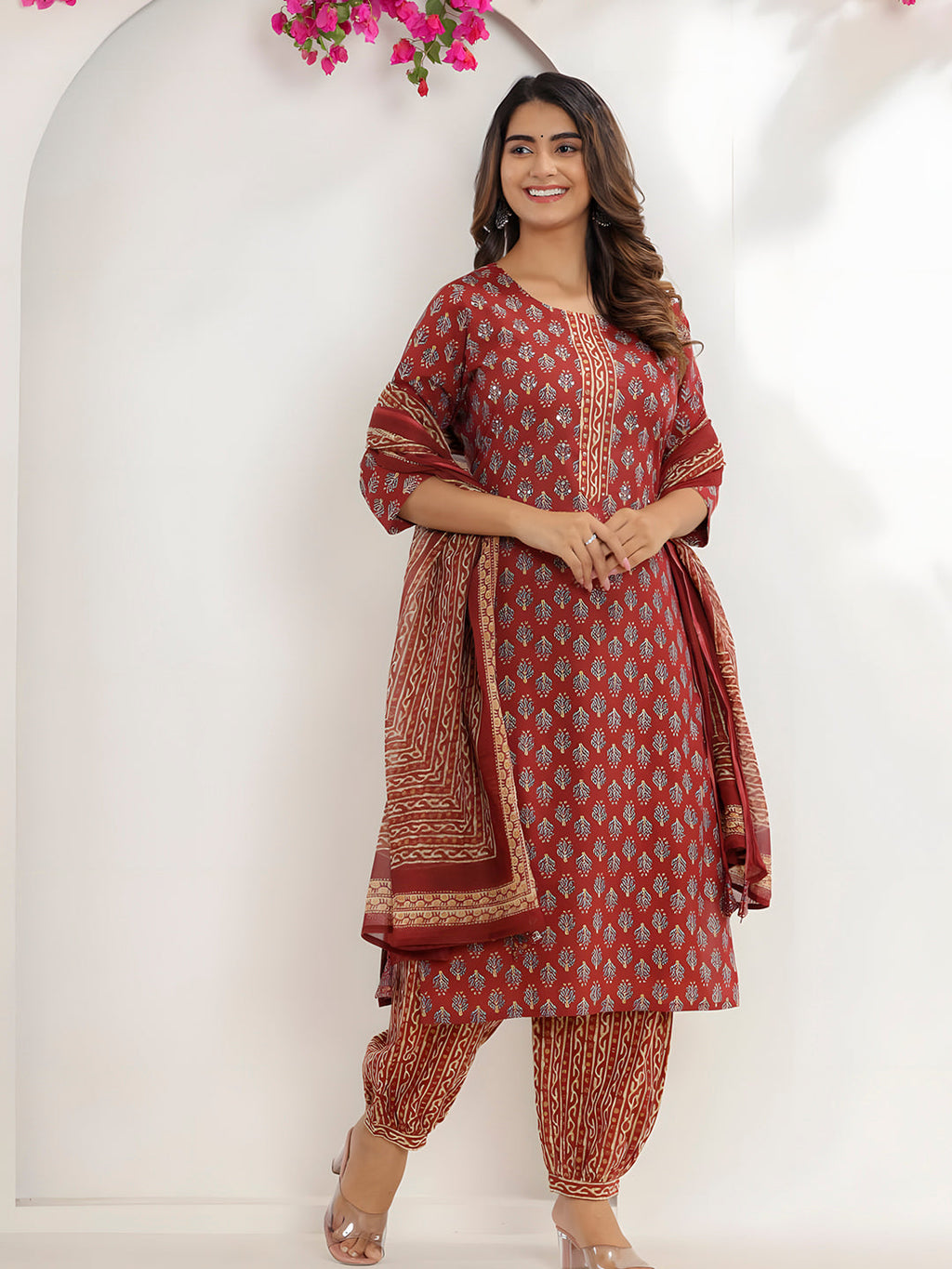 Printed Cotton Straight Kurta With Pant & Dupatta, Rust - Hiral Fashion - Distacart