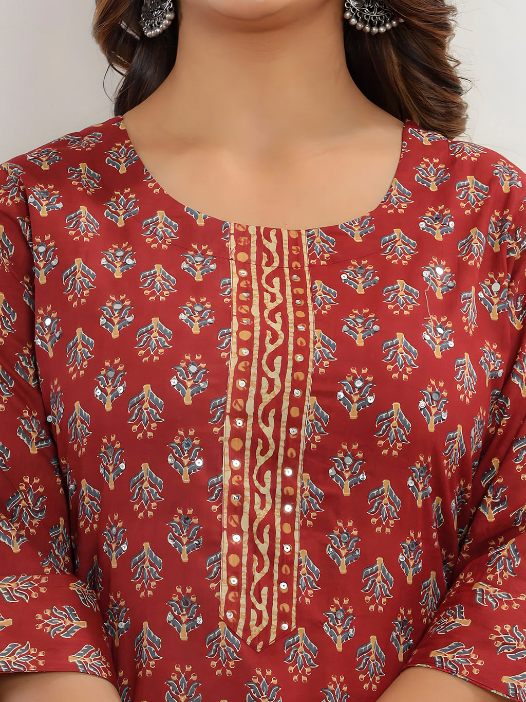 Printed Cotton Straight Kurta With Pant & Dupatta, Rust - Hiral Fashion - Distacart