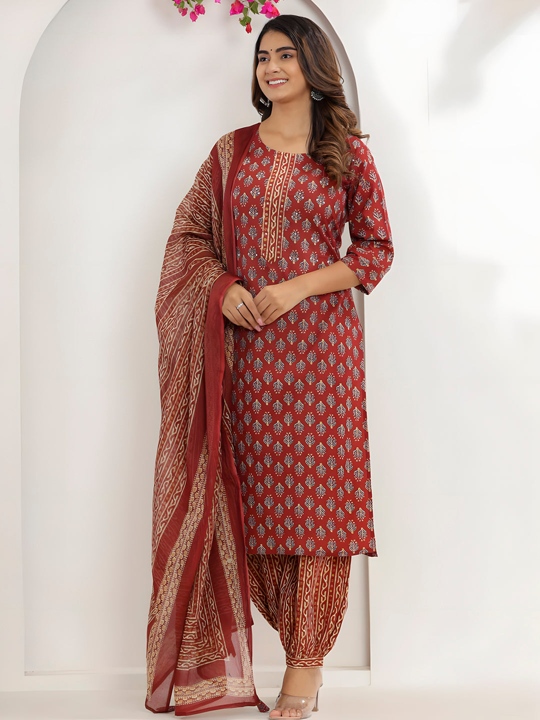 Printed Cotton Straight Kurta With Pant & Dupatta, Rust - Hiral Fashion - Distacart