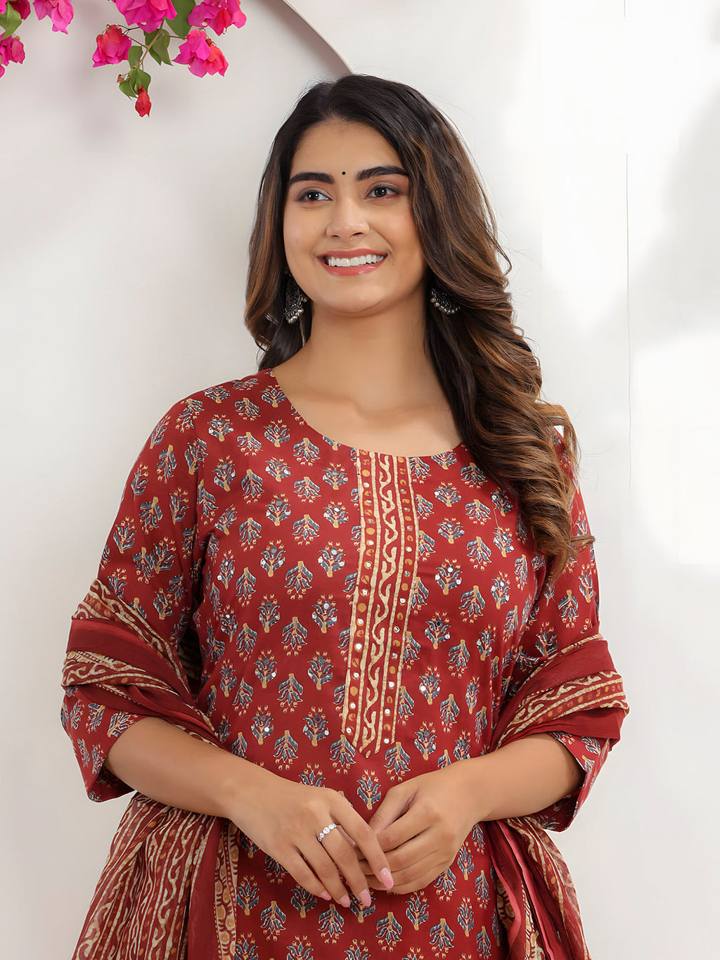 Printed Cotton Straight Kurta With Pant & Dupatta, Rust - Hiral Fashion - Distacart