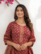Printed Cotton Straight Kurta With Pant & Dupatta, Rust - Hiral Fashion - Distacart
