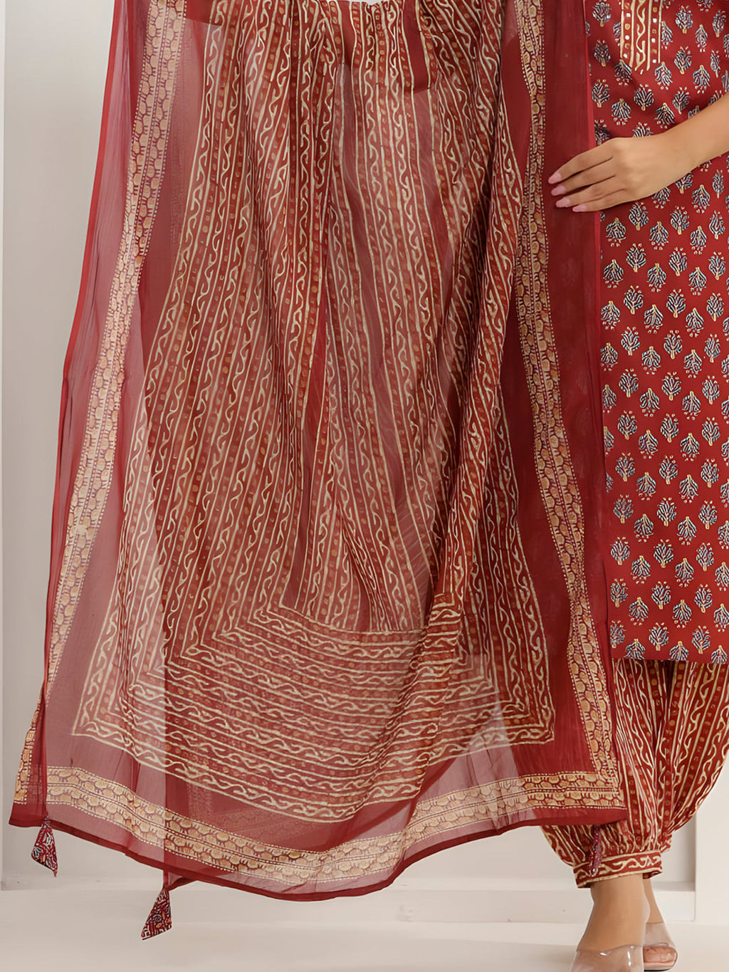 Printed Cotton Straight Kurta With Pant & Dupatta, Rust - Hiral Fashion - Distacart