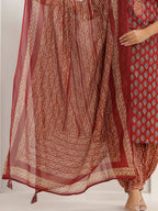 Printed Cotton Straight Kurta With Pant & Dupatta, Rust - Hiral Fashion - Distacart