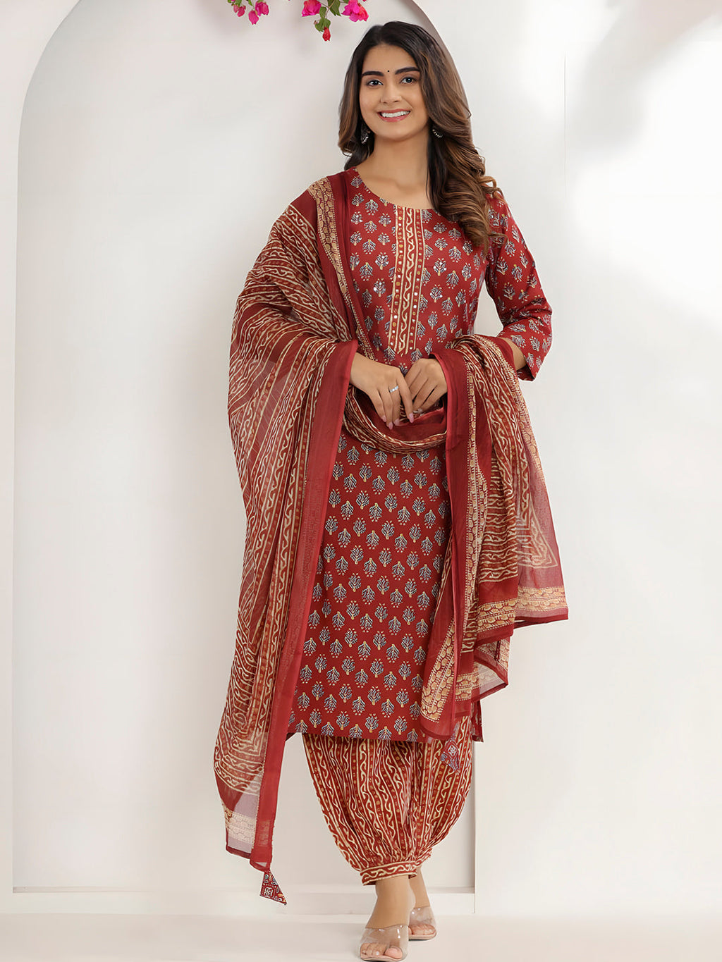 Printed Cotton Straight Kurta With Pant & Dupatta, Rust - Hiral Fashion - Distacart