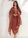 Printed Cotton Straight Kurta With Pant & Dupatta, Rust - Hiral Fashion - Distacart