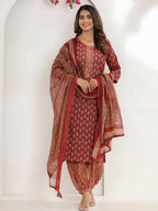 Printed Cotton Straight Kurta With Pant & Dupatta, Rust - Hiral Fashion - Distacart