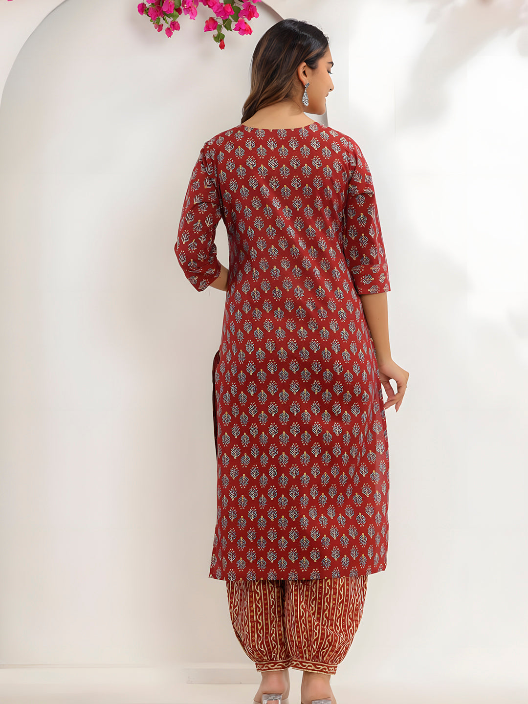Printed Cotton Straight Kurta With Pant & Dupatta, Rust - Hiral Fashion - Distacart