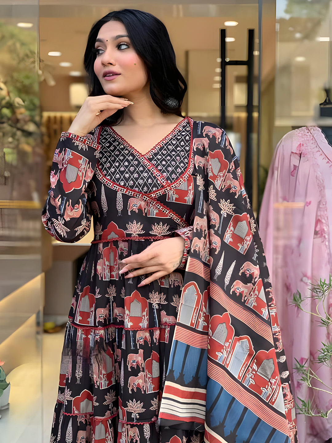 Printed Designer Neck Flared Anarkali Kurta With Pant & Dupatta, Black - Hiral Fashion - Distacart