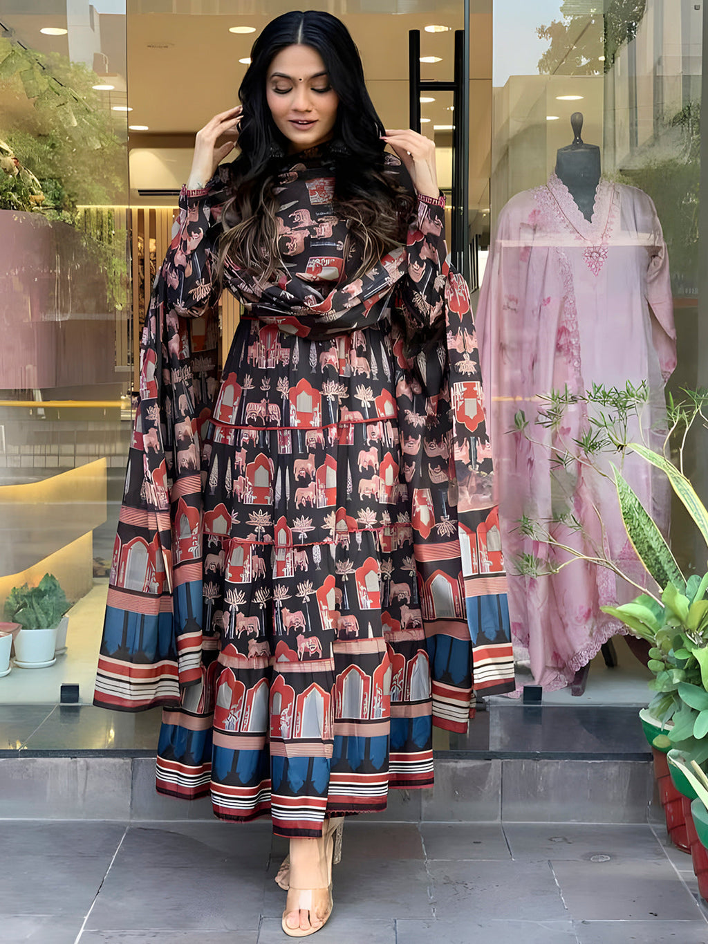 Printed Designer Neck Flared Anarkali Kurta With Pant & Dupatta, Black - Hiral Fashion - Distacart