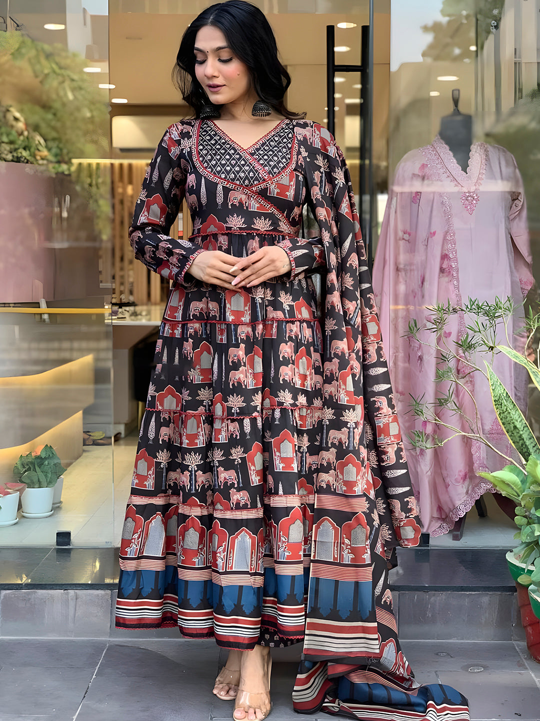 Printed Designer Neck Flared Anarkali Kurta With Pant & Dupatta, Black - Hiral Fashion - Distacart