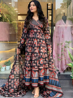 Printed Designer Neck Flared Anarkali Kurta With Pant & Dupatta, Black - Hiral Fashion - Distacart