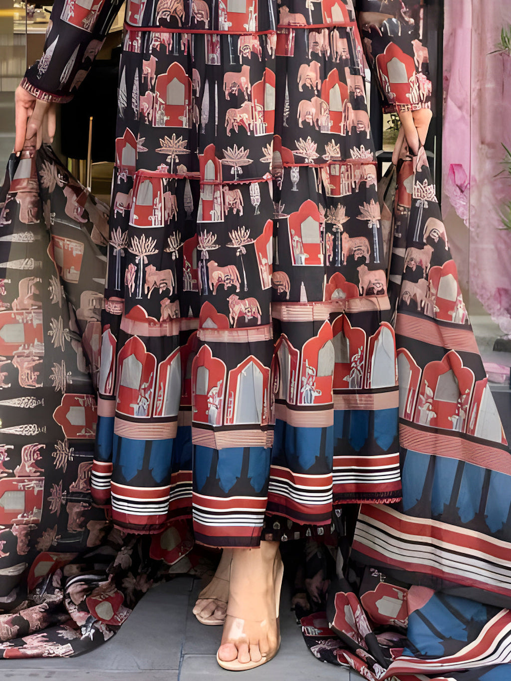Printed Designer Neck Flared Anarkali Kurta With Pant & Dupatta, Black - Hiral Fashion - Distacart
