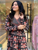 Printed Designer Neck Flared Anarkali Kurta With Pant & Dupatta, Black - Hiral Fashion - Distacart