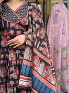 Printed Designer Neck Flared Anarkali Kurta With Pant & Dupatta, Black - Hiral Fashion - Distacart