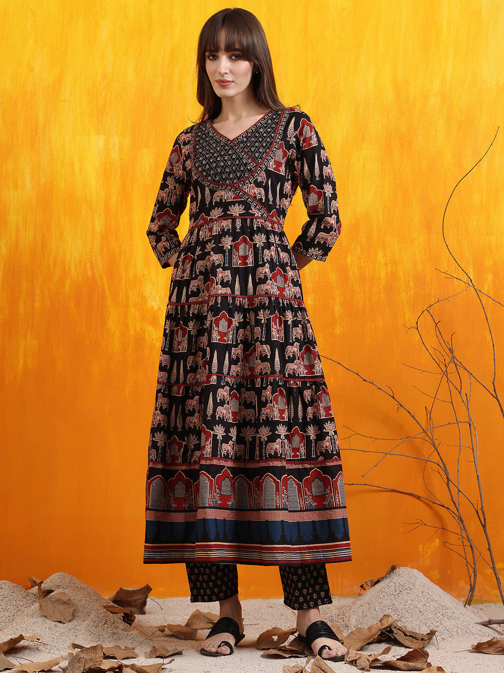 Printed Designer Neck Flared Anarkali Kurta With Pant & Dupatta, Black - Hiral Fashion - Distacart