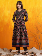 Printed Designer Neck Flared Anarkali Kurta With Pant & Dupatta, Black - Hiral Fashion - Distacart