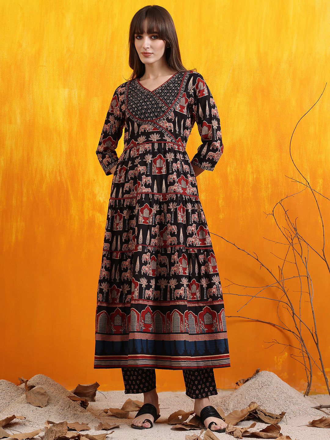 Printed Designer Neck Flared Anarkali Kurta With Pant & Dupatta, Black - Hiral Fashion - Distacart