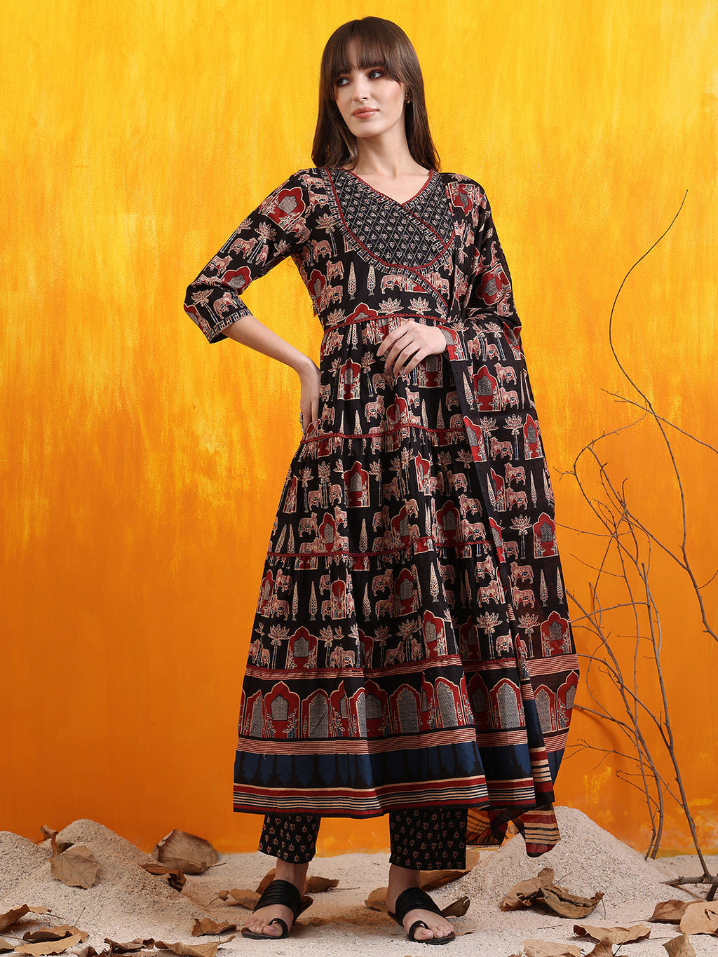 Printed Designer Neck Flared Anarkali Kurta With Pant & Dupatta, Black - Hiral Fashion - Distacart