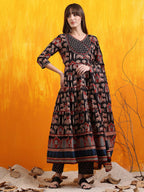 Printed Designer Neck Flared Anarkali Kurta With Pant & Dupatta, Black - Hiral Fashion - Distacart