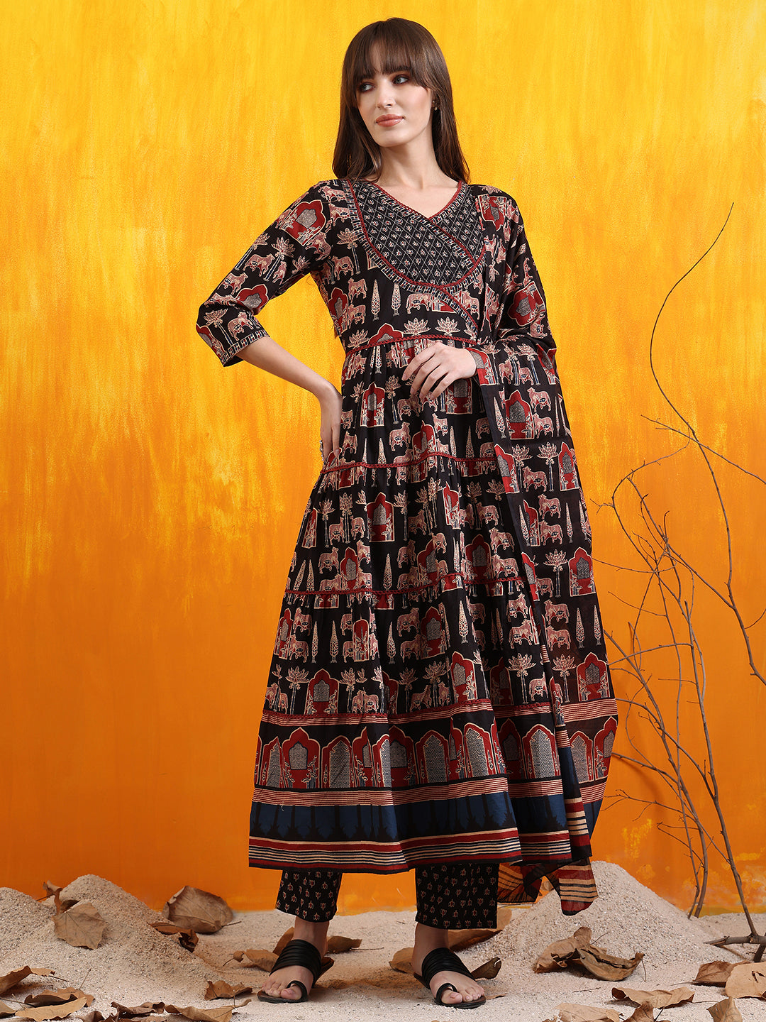 Printed Designer Neck Flared Anarkali Kurta With Pant & Dupatta, Black - Hiral Fashion - Distacart