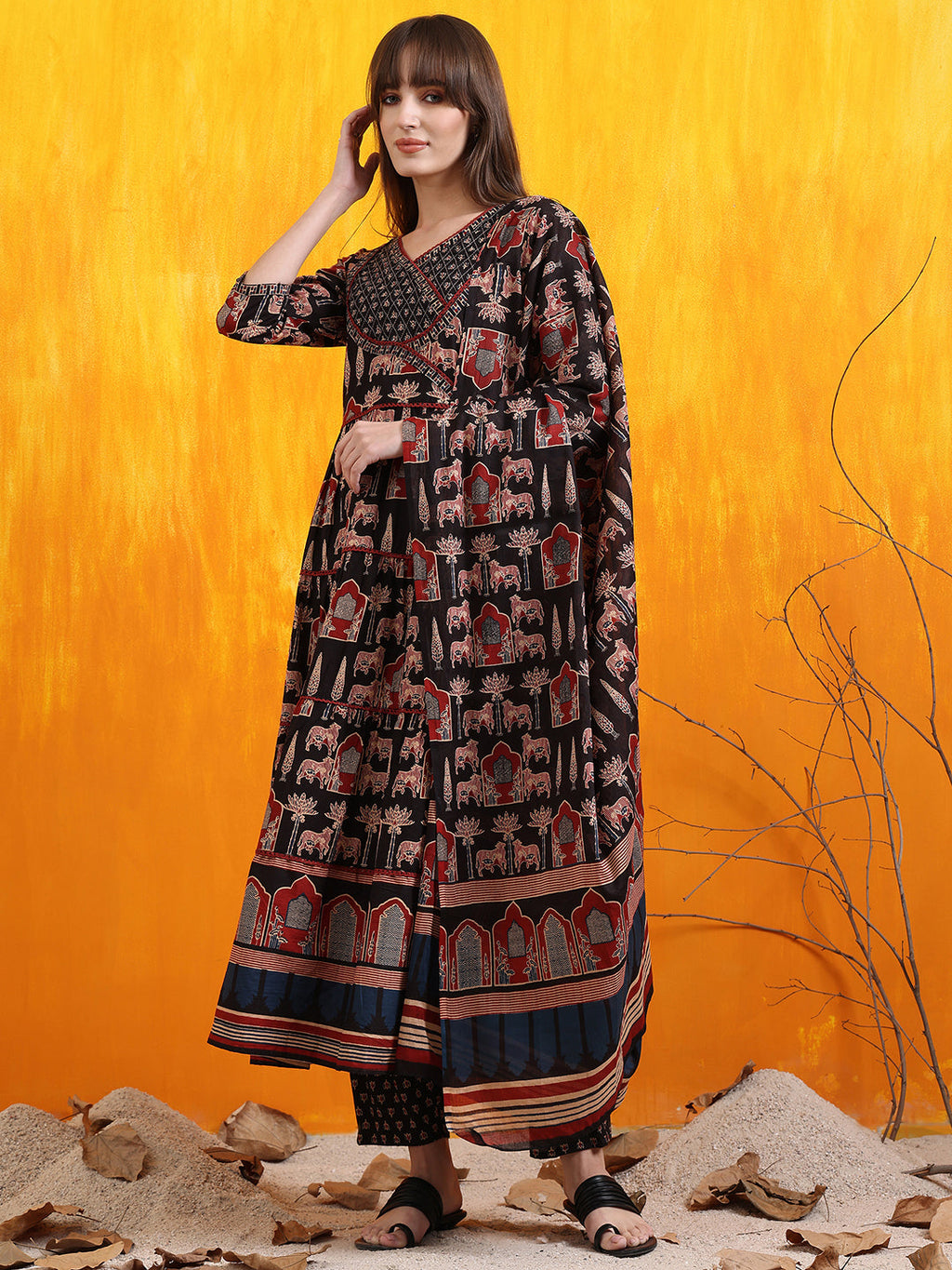 Printed Designer Neck Flared Anarkali Kurta With Pant & Dupatta, Black - Hiral Fashion - Distacart