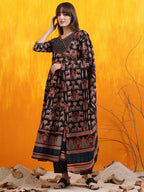 Printed Designer Neck Flared Anarkali Kurta With Pant & Dupatta, Black - Hiral Fashion - Distacart