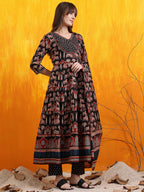 Printed Designer Neck Flared Anarkali Kurta With Pant & Dupatta, Black - Hiral Fashion - Distacart