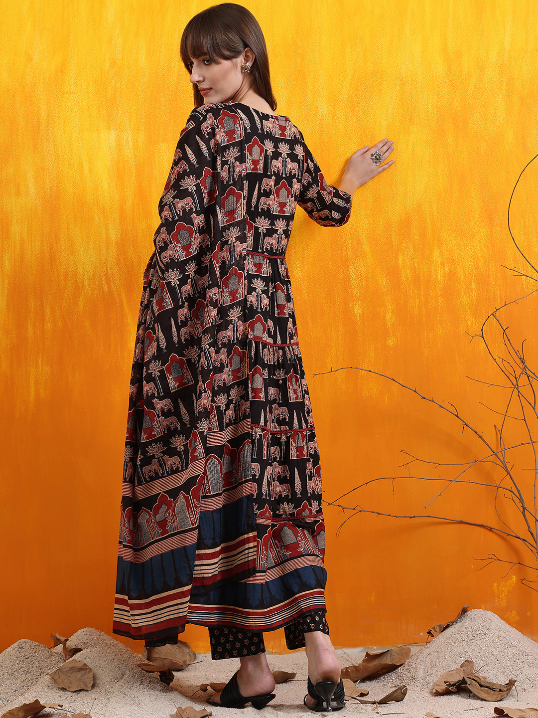 Printed Designer Neck Flared Anarkali Kurta With Pant & Dupatta, Black - Hiral Fashion - Distacart