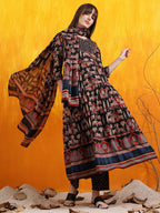Printed Designer Neck Flared Anarkali Kurta With Pant & Dupatta, Black - Hiral Fashion - Distacart