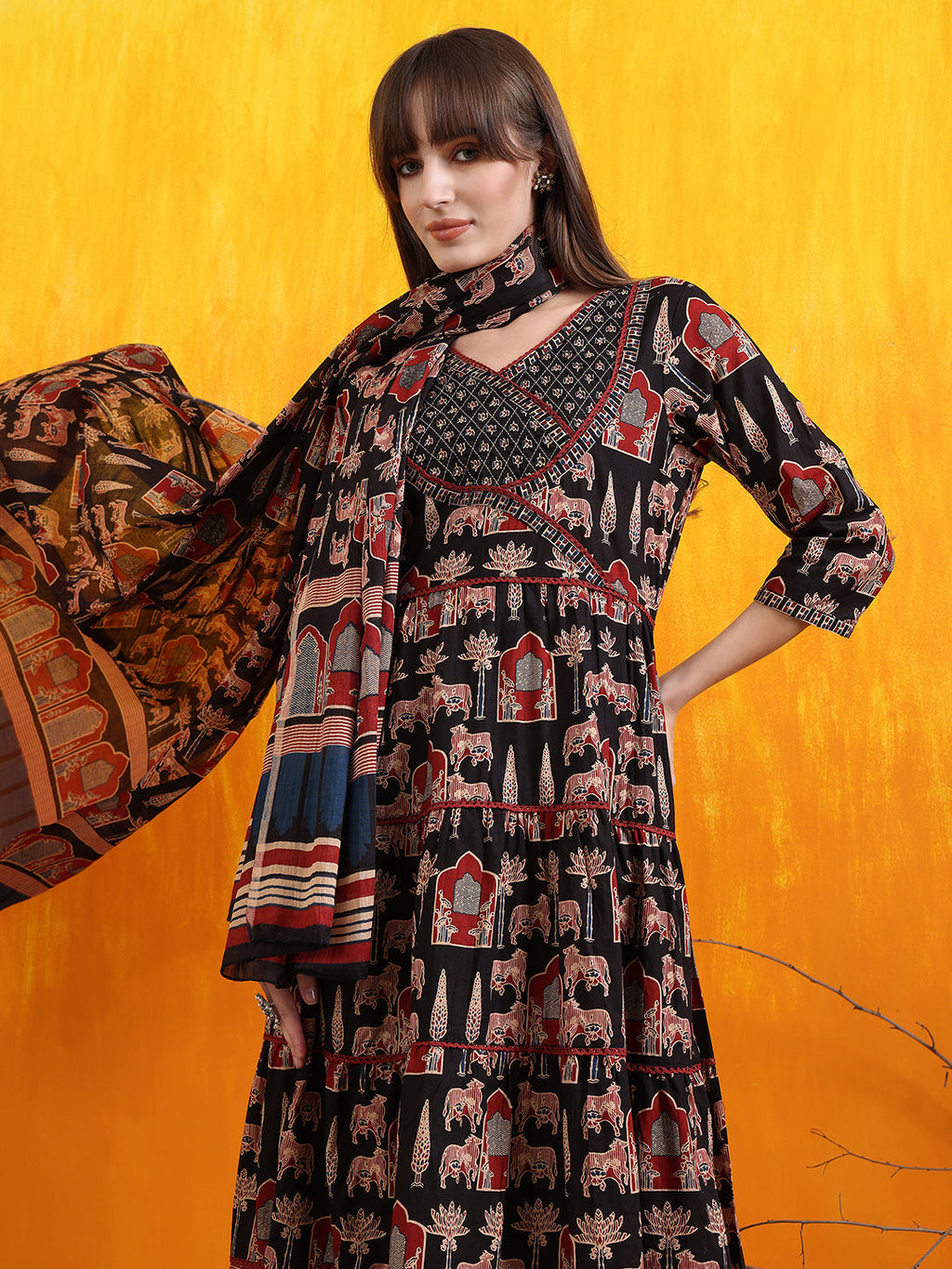 Printed Designer Neck Flared Anarkali Kurta With Pant & Dupatta, Black - Hiral Fashion - Distacart