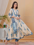 Printed Designer Neck Flared Anarkali Kurta With Pant & Dupatta, Aqua-Blue - Hiral Fashion - Distacart