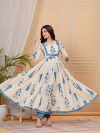 Printed Designer Neck Flared Anarkali Kurta With Pant & Dupatta, Aqua-Blue - Hiral Fashion - Distacart